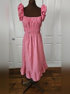 Womens Red Gingham Ruffle Strap Dress
